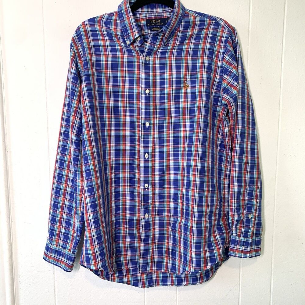 Polo‎ Ralph Lauren Mens Large Shirt 100% Cotton Long Sleeve Shirt Red Blue Plaid